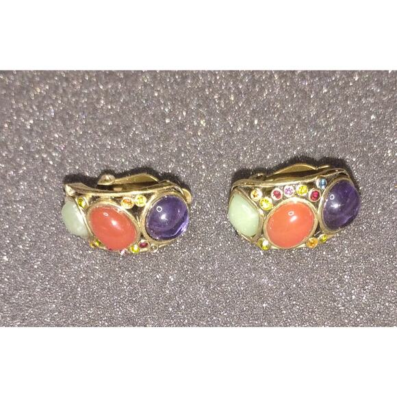 Heidi Daus Multicolor Cabochon Statement Clip-On Earrings Gold Tone - Picture 3 of 5